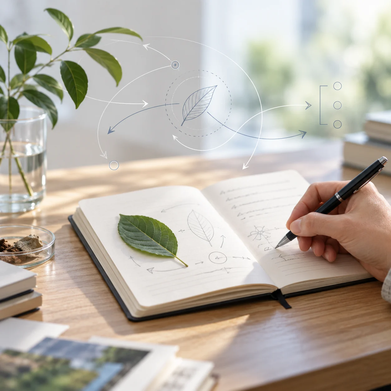 Caderno, mão e folha em uma cena contemporânea de observação e aprendizagem