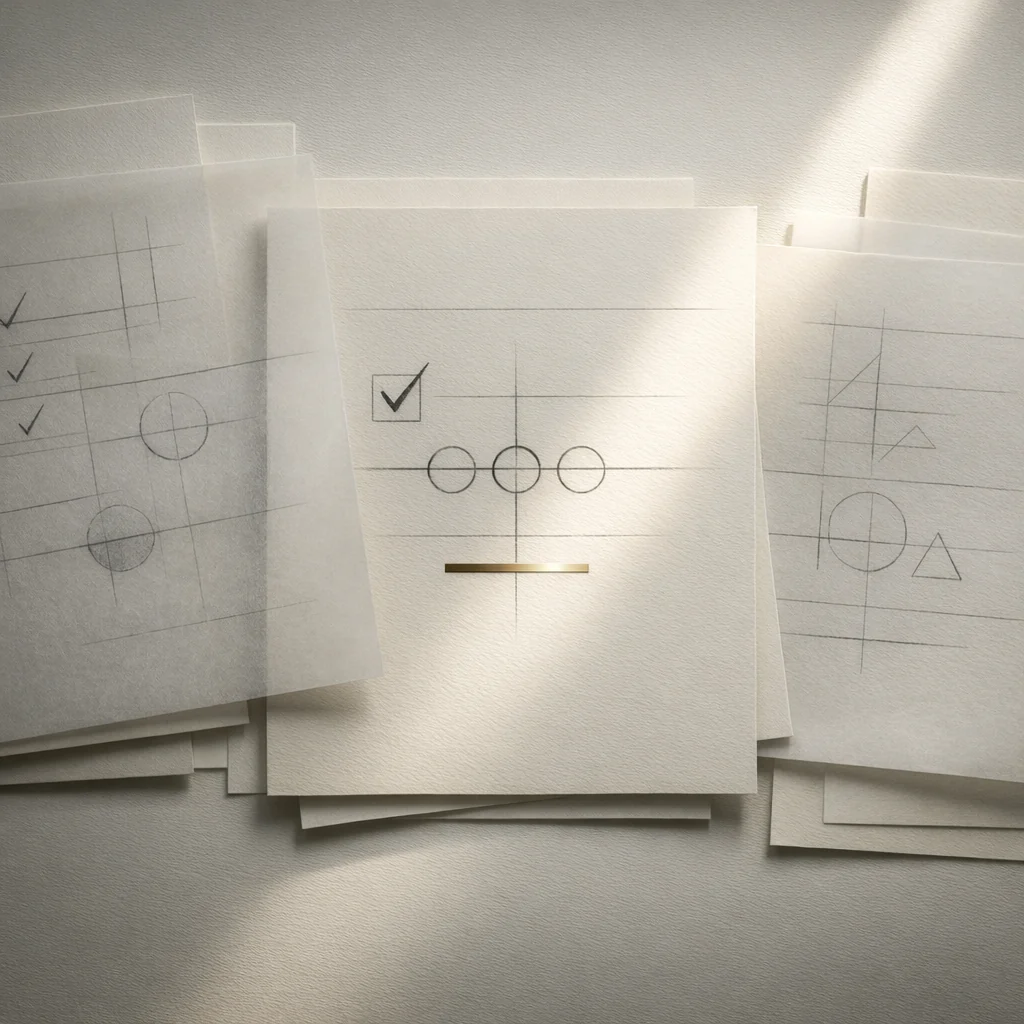 Documentos e critérios abstratos representando avaliação e reconhecimento do mérito